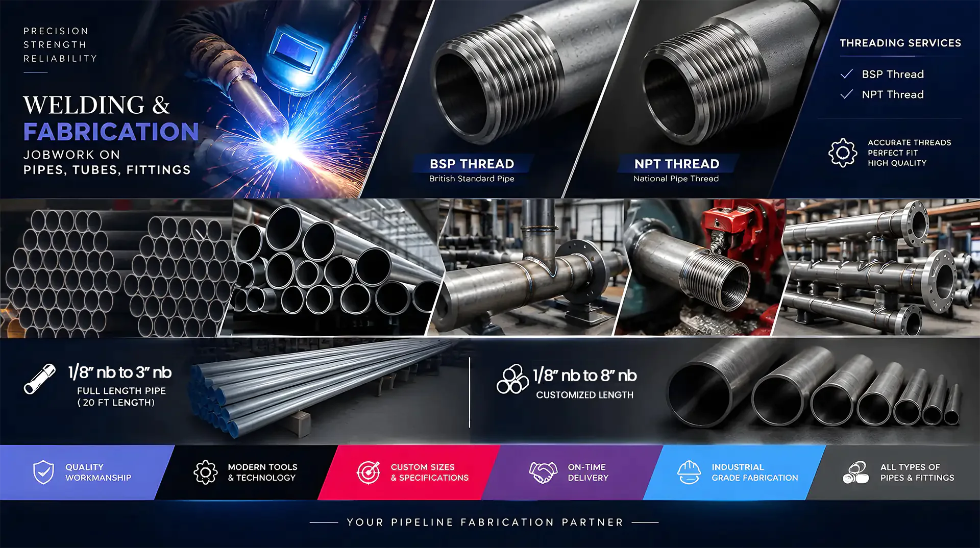 Precision welding, pipe threading, steel tubing and industrial fabrication collage